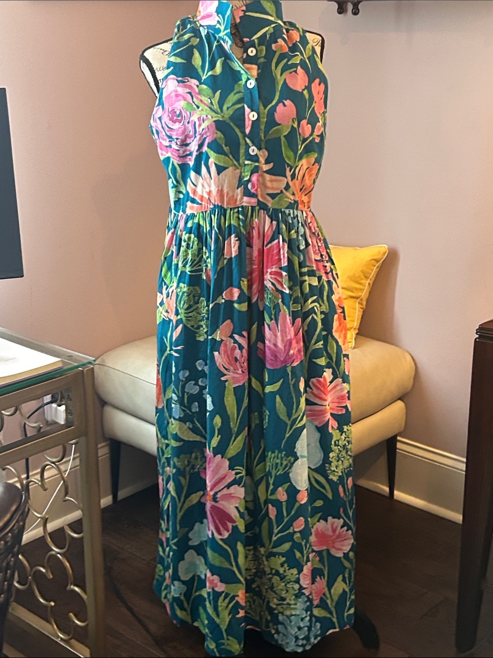Holly Shae Samantha Dress  Floral Sleeveless Maxi with Pink & Green Blooms